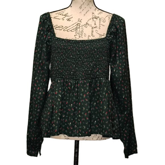 Old Navy Milkmaid Top XL Dark Foral Smocked Long Sleeve Peplum Peasant Boho Fall - Picture 1 of 7